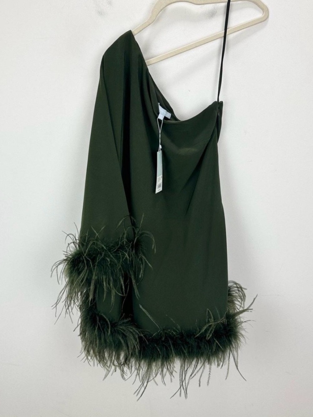 Antonio Melani olive feather one shoulder dress